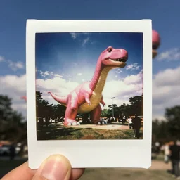 instax polaroid film photo of the world's largest pink dinosaur attraction, faded glow, expired film analog photography