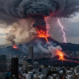 megacity caught in a volcanic eruption, volcanos everywhere, lava, smoke, lightning