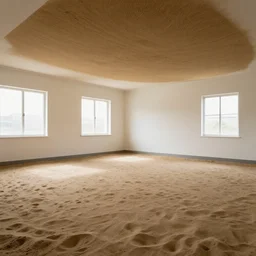 an otherwise pristine room filled half way to ceiling with sand, natural lighting through windows