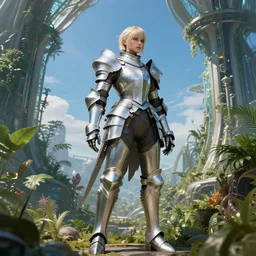 full armored female knight errant in a high tech botanical world with blue skies | style by jeff easley, frank frazetta, vincent callebaut, dramatic light | high detail | cinematic lighting | pristine metals, glass, plants | solarpunk | concept art |