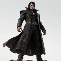 full body low angle shot of an intimidating male dhampir in the style of Pathfinder by Cushart Krenz and Artgerm , handsome face, long coat, long dark hair, red eyes, low angle shot, highly detailed, trending on artstation, cgsociety, 4k, 8k, HDR, octane render, unreal engine