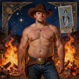a dramatic, epic, ethereal painting of a handsome thicc shirtless cowboy with a beer belly wearing a large belt | background is a late night campfire with food and jugs of whisky | homoerotic | fire, flames, stars, tarot card, art deco, art nouveau | by Mark Maggiori | trending on artstation