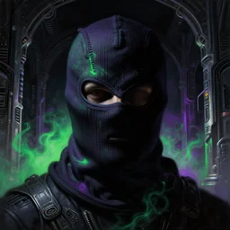 a close - up view portrait of a silhouetted supernatural balaclava in brutalist halls with metallic alien technology. close - up view, detailed textures. glowing green purple fog, dark black background. melting face, highly detailed fantasy science fiction painting by moebius, norman rockwell, frank frazetta, and syd mead. rich colors, high contrast