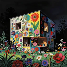( ( gediminas pranckevicius ) ) house by kengo kuma, art by syd mead and malevich, very coherent, sharp, colorful high contrast, dark shadows, hard lighting, floralpunk flower garden, inking etching screen print
