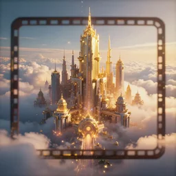 magical cloud city, detailed, beautiful, golden light, colourful movie frame, 8 k
