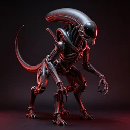 Hyperdetailed photograph of a quadrapedal biomechanical alien exoskeleton. dark backdrop, single point red-tinted lighting, Sigma 50mm, f/2.8, ISO 400, H.R Giger