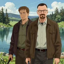 Thomas Jane, an illustration of Walter White and Hank Schrader in an Indian Reservoir, art by Ilya Kuvshinov, highly detailed, anime visual, epic landscape, HD digital art, artstation