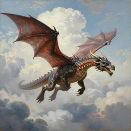 medieval fantasy, soft, hyperrealism, oil painting, a flying european dragon, as an anatomically accurate quadruped, surrounded by cumulus clouds, art by peter mohrbacher, and tim hildebrandt, as a book cover illustration, raytracing, lifelike, dreamy, cinematic composition, ultradetailed, focused image