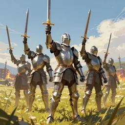 armored knights raising swords in victory, standing in a sunny field with a burning city in the far distance, trending on artstation, digital art ( by brad rigney ) ( by greg rutkowski ) ( by artur treffner )