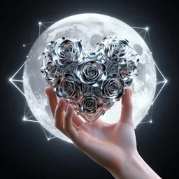 3 d render of a perfect human hand holding a heart, roses made of chrome, moon in background, geometric neon fractal light, 4 k, award winning, trending on artstation, rule of thirds, volumetric lighting, octane render