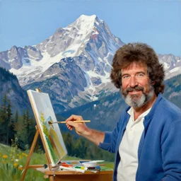 Bob Ross painting the mount Shuksan, realistic
