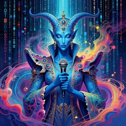 futuristic blue djinn with microphone behind a wall of matrix, cyberpunk in synthwave aesthetic, sci - fi, illustration by atey ghailan, by greg rutkowski, by greg tocchini, by james gilleard, by joe gb fenton, symmetrical features, royally decorated, organic, whirling gasses, colorful torn nebulas, radiant vibrant colors