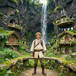 full character portrait smiling, costume steampunk islamic hobbit costume, final fantasy zelda environment, village of small houses carved into basalt lava rock, lush vegetation mossy moss, ravine mountain cascading, rock, stone, geometric, ultra realistic, cinematic lighting, wide - angle shot, balcony, hanging plants, doors, steps, studio ghibli moebius, breath of the wild, washing line