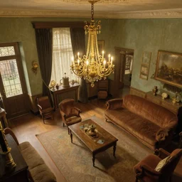 a view from below, furnished retro style room with chandeliers, by millais