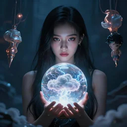 girl holding a crystal ball of electric clouds highly detailed, trending on Artstation, Unreal Engine 4k, cinematic wallpaper by Stanley Artgerm Lau, WLOP, Rossdraws, James Jean, Andrei Riabovitchev, Marc Simonetti, and Sakimichan