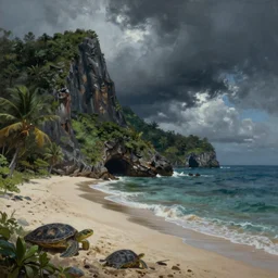 photorealistic painting of turtle bay beach jamaica, sharp cliffs, island with cave, dark, atmospheric, brooding, smooth, finely detailed, cinematic, epic, lovecraft, in the style of larry elmore