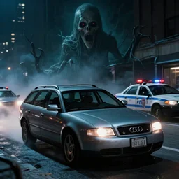 Audi A4 B6 Avant (2002) chased by FBI, a gritty neo-noir, dramatic lighting, cinematic, establishing shot, extremely high detail, photorealistic, cinematic lighting, artstation, by simon stalenhag, Max Payne (PC) (2001) winter new york at night, eldritch horror