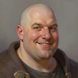 a head - on detailed oil portrait of a handsome round - faced bald man with a friendly smile, by charlie bowater, lise deharme, wlop, trending on artstation, dungeon and dragons art, critical role