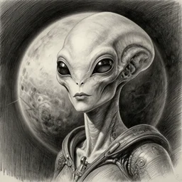 portrait of female alien from the oldest habitable planet, realistic pencil and ink, dramatic lighting, photo real quality, greg rutkowski and jose vergara