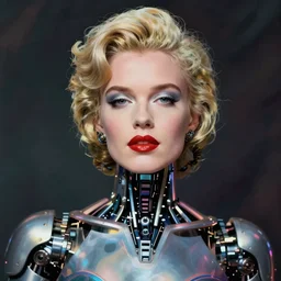 close - up portrait of beautiful young woman with cybernetic dress, art by andy warhol photography