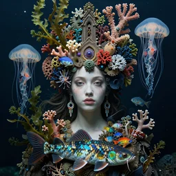 realistic detailed underwater portrait of the beautiful young goddess of the catfish of the three times with an intricate headdress of corals, sea kelp, sea plants, bubble coral, fish, jellyfish, art by ernst haeckel, zdzisław beksinski, ernst haeckel, neo - gothic, hyper - ornamental,