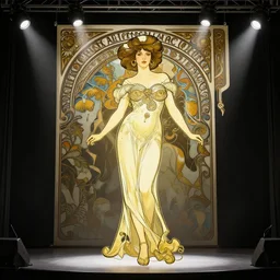 digital concept art by artgerm and alphonse mucha. just one lonely namilia attctive showgirl!! full body!! contour light effect!! 8 k, black tape project show. stage light. octane render. sharp edge. ultra clear detailed