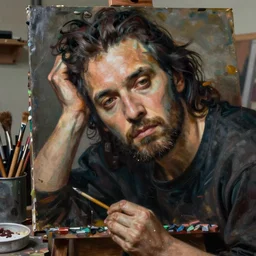 an exhausted painter in his studio by edgar maxence and caravaggio and michael whelan, intricate painting, hyper realistic, extremely detailed and beautiful aesthetic face, 8 k resolution