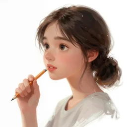 a woman looking sideways holding a pencil, inspired, head and shoulders, digital painting, white background, cute pixar character