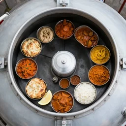 delicious indian food inside the fuel rod storage tank at chernobyl. photograph.