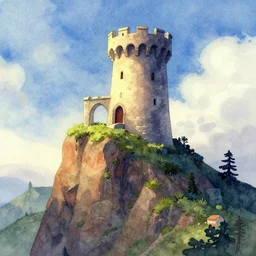 medieval tower with an arch on a cliff of a mountain in watercolor, claymation style, colourful, volumetric light,, dramatic light, analogue photo, vfx art, digital painting, digital illustration, unreal engine render
