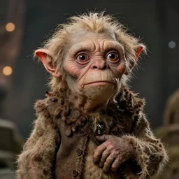A high-quality studio portrait of Gollum; Gollum looks mischievous, bokeh, 90mm, f/1.4