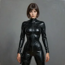 painting of one ninja woman in a black latex suit by ashley wood