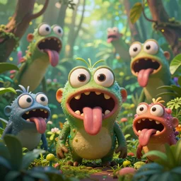 of a colorful bright jungle with strange cute friendly creatures with huge eyes, mouth, long tongue and round teeth appearing from the vegetation, in the style of gehry, macro lens, shallow depth of field, highly detailed, digital painting, trending artstation, concept art, illustration, cinematic lighting, vibrant colors, photorealism, epic, octane render