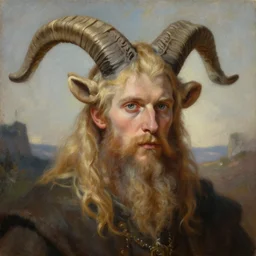 a high detail fantasy portrait oil painting illustration of a young blond bearded man with long goat horns by with face and body clearly visible, in a scenic background, pupils visible, realistic proportions, d & d, forgotten realms, artstation trending, high quality, sombre mood, muted colours, entire person visible!, natural light, in the style of rembrandt