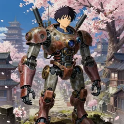 a full body portrait of a confident mechanic atop a steampunk robot, city with sakuras, studio lighting delicate features finely detailed perfect art, at an ancient city, gapmoe yandere grimdark, trending on pixiv fanbox, painted by greg rutkowski makoto shinkai takashi takeuchi studio ghibli