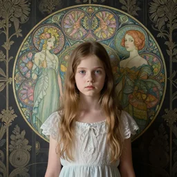 a beautiful young girl in front a dark wallpaper by ernst heackel, daguerreotype by edward hopper, by henri rousseau, by Bosch, art noveau, highly detailed, strong lights, liminal, eerie, Bright pastel colors, octane render, 8k,