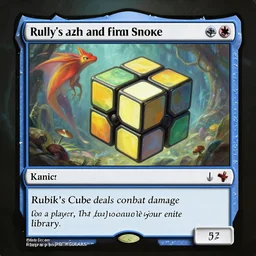 rubik's cube is a 3 / 3 creature with flying and first strike. it can't be blocked by creatures without flying or first strike. whenever rubik's cube deals combat damage to a player, that player shuffles their entire library. illustration image, magic the gathering creature, highly detailed, fantasy, cartoon style, painting