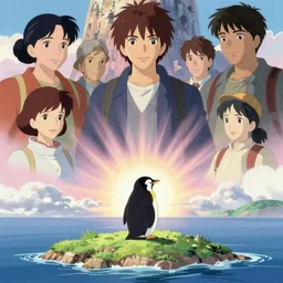 memorable animation key shot, spy penguin stranded on an island by mandy jurgens, by satoshi kon, ilya repin, lena aenami, shinji kimura, daylight pastel color palette