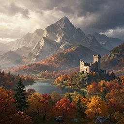 beautiful render of a autumn landscape, unreal engine, first light, majestic mountains, lakes, dramatic clouds, big castle ruin, soft light, by greg rutkowski, cgsociety