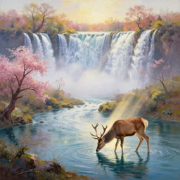the most beautiful panoramic landscape, oil painting, where a giant dreamy waterfall creates a river, the trees around are starting to bloom in a great variety of colors, a majestic deer is drinking water from the river and a ray light of the sunrise is brightening him, there is fog by greg rutkowski