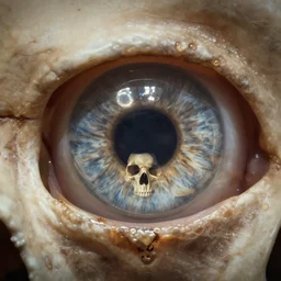 the skull in the pupil, reflection of a skull inside a pupil, ring light eye photography, extreme closeup