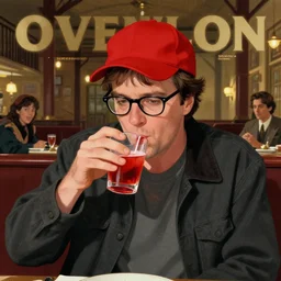 a photograph of a young jack nicholson from the shining with wayfarer glasses and red baseball cap sipping on a red alcohol drink within the overlook hotel, by floro dery, shoji kawamori, and greg rutkowski, artstation, concept art, high quality illustration, mtmte, cover art