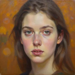 stunning serene portrait of Sara Jay by Mark Arian, oil on canvas, masterpiece, realism, piercing gaze, autumn bokeh