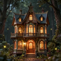 a stunnng victorian fairy house, art nouveau, sailpunk, ultra detailed, warm interior light, cinematic shot, photorealistic, octane render, high definition, fine details, fairy mood, fireflies, 8 k