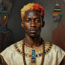 a professionally painted african male model , clothed in ancient street wear, dark skin, red gold hair, beautiful bone structure, big symmetrical scar features, stunningly, beautiful, intricate, elegant, digital painting, smooth, sharp focus, illustration, made by, Jacob Lawrence, Sam Gilliam, Edmonia Lewis, Jean-Michel Basquiat, Henry Taylor collage