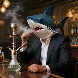a man with a shark head dressed in a suit, sitting at a bar and smoking hookah, photorealistic, artstation