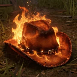 A burning cowboy hat on the ground, in the style of Red Dead Redemption, video game graphics
