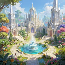 a wide open courtyard in a beautiful elven city made of ivory and silver, vivid colors, lush trees, flowers, ponds, fountain, subsurface scattering, volumetric lighting, concept art, fantasy digital painting by james gurney, by greg rutkowski, trending on artstation, highly detailed