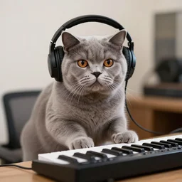 a brittish shorthair cat music producer wearing headphones with a keyboard. animal photography