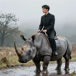 wet plate photography young asian man in black suit riding rhinoceros